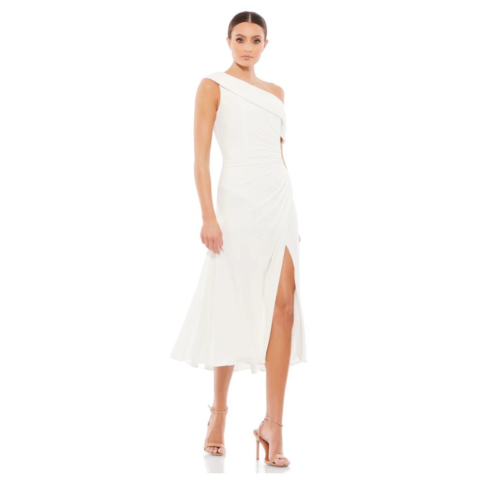 Ieena for Mac Duggal Ruched Off-The-Shoulder Midi Dress White #26484 Sz 10 NWT